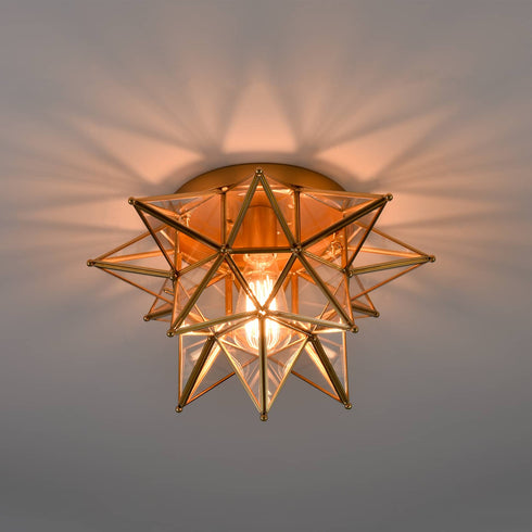 Brass Moravian Star Ceiling Light Transparent Glass 15-Inch